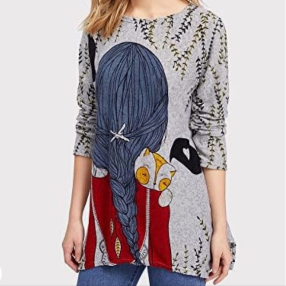 Gray Girl & Cat Cartoon Print Longline Sweater Size Small - Picture 1 of 6